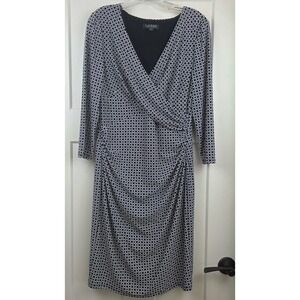 Lauren Ralph Lauren 3/4 Sleeve Navy White Geometric Ruched Tiana Dress Size 8